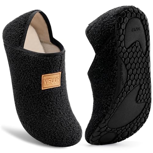 VIFUUR House Slippers for Women Men Slip on Indoor Barefoot Slipper Socks Fuzzy Cozy Sock Shoes for Home Bedroom Travel Black 40/41