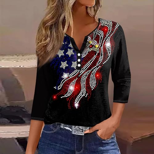 Image of 4th of July Shirts Women 3 /4 Length Sleeve Womens Tops Henley Neck Casual Patriotic T Shirts