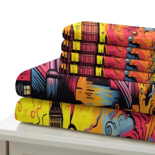 Housse de couette zippée 3 pièces motif Londres avec taies d'oreiller microfibre douce