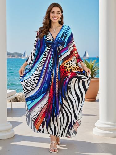 Image of IMAGEKOPE Women's Plus Size Animal Print V-Neck Batwing Kaftan Beach Dress Bathing Suit Cover-Up Loungewear