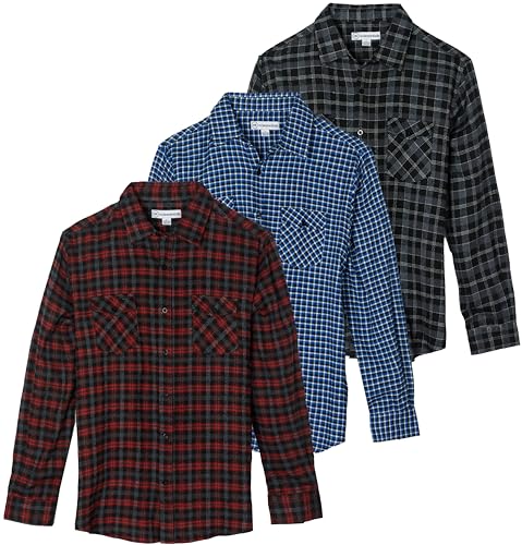 Real Essentials 3 Pack: Men's Long-Sleeve Flannel Button Down Plaid Casual Shirt (Available in Big & Tall)