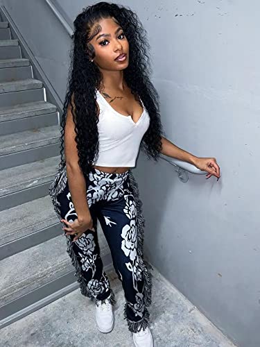 NIFTRIRY Women Hippie Tassel Graphic Printed Pattern Elastic Pants Ninth Straight Pants Party Music Festival Wear A4 Black XX-Large4