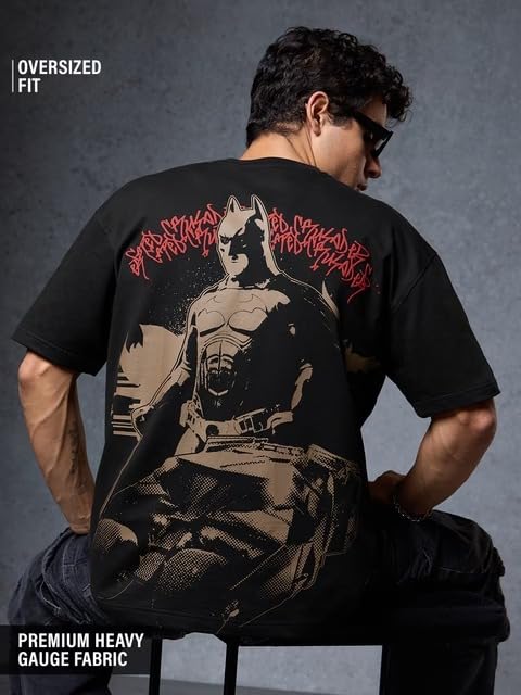 Image of The Souled Store Official Batman Originals: Justice Oversized T-Shirt for Men Boys Cotton Casual Half Sleeves Baggy Loose Fit Drop Shoulder Round Neck Black
