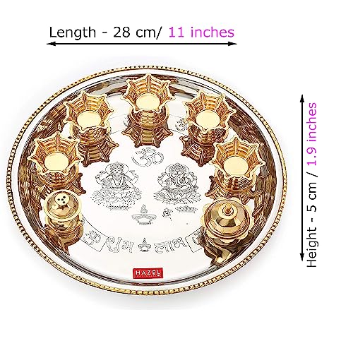 Image of HAZEL Stainless Steel Pooja Aarti Thali Set | Gold & Silver Finish | 28 cm Festive Thali with 5 Diyas & Incense Stand | Elegant Gift for Rituals
