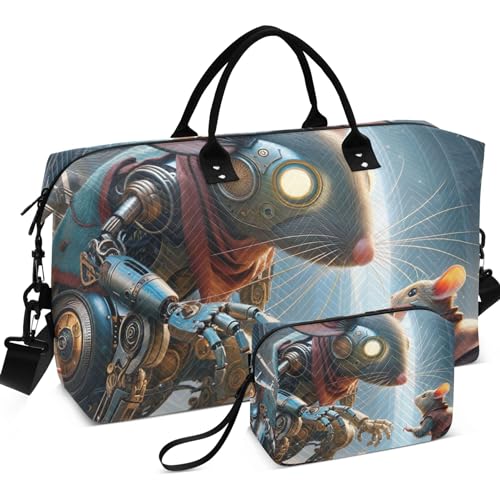 Guided Rat Robot Mouse Duffle Travel Bag Toiletry Pouches Set of 2, Modern Gym Bag Small Weekender Travel Bag