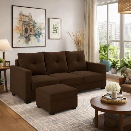 Image of FURNY Amonster 4 Seater L Shape Sofa Set with Movable Ottoman | Flexible Left or Right Layout | Plush Velvet Fabric (Dark Brown) | Perfect for Living Room, Guest Room & Office