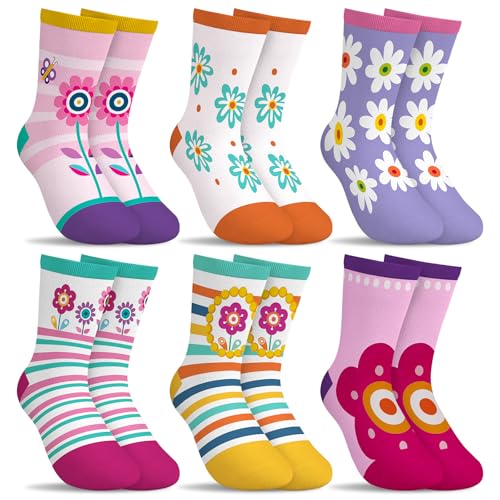 hometrixx 6 Pairs Kids Girls Soft Socks Cartoon Fun Printed Multicolor Flowers Breathable Cotton Crew Socks aged for 2-5T
