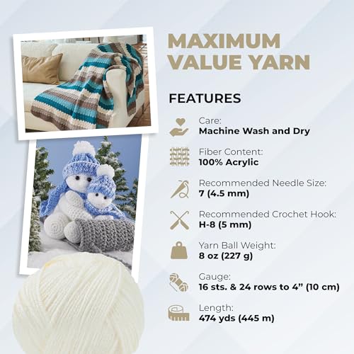 Image of Mary Maxim Maximum Value Acrylic Yarn for Crocheting and Knitting, Soft Worsted Weight White Yarn 4, Ideal for Blankets, Sweaters, Hats, and Scarves, 8 oz Skein (474 Yds), Aran - 1 Skein