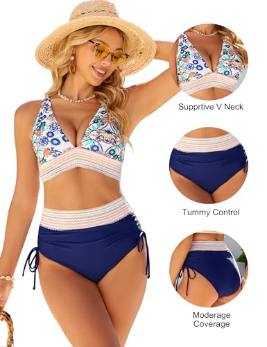 Image of Blooming Jelly Women High Waisted Bikini Sets Tummy Control Swimsuits Color Block Two Piece Drawstring Bathing Suit