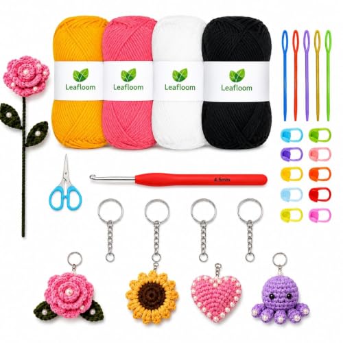 Image of Crochet Kit with Soft Grip Handles - Full Crochet Hook Set for Beginners & Yarn Lovers - Ergonomic Crochet Tools for DIY Craft & Gifting (Beginners kit Keychain)