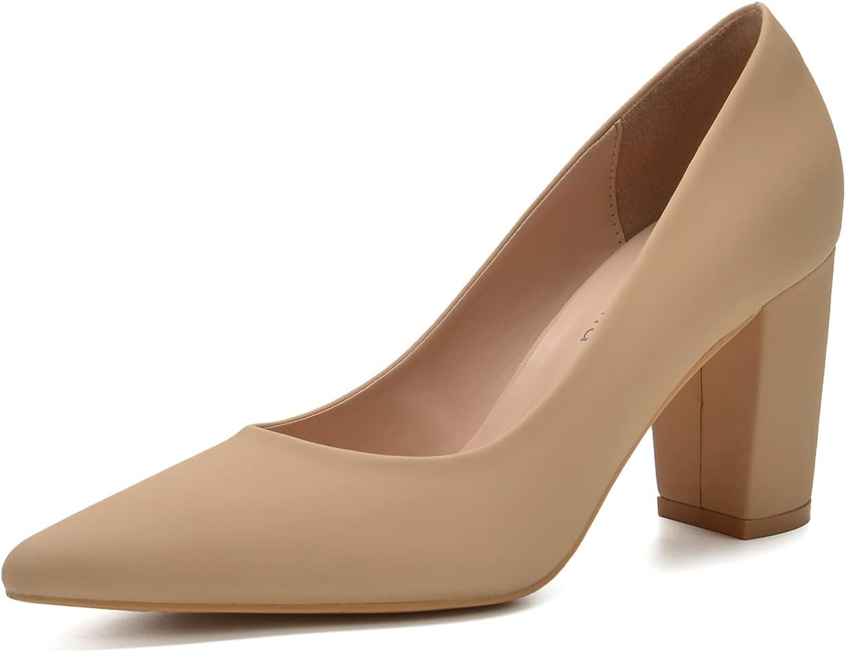 Women's Pointed Toe High Chunky Block Heels Pumps Dress Shoes
