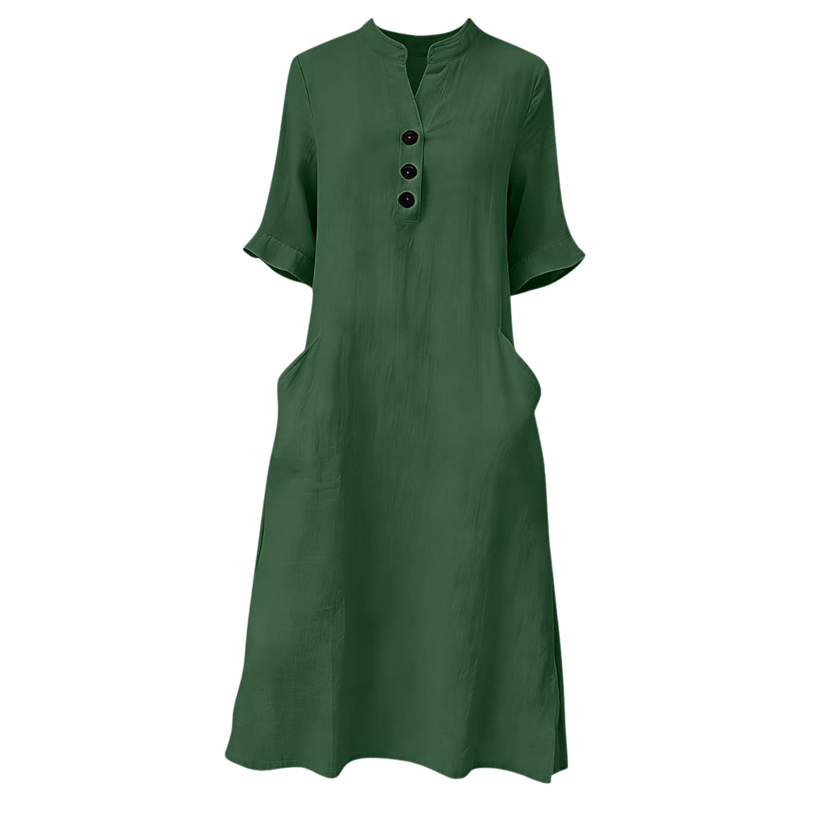 Vestito Lungo Abiti da Donna in Cotone alla Moda con Scollo a V, abbottonatura Frontale, Maniche a 3/4, Abito Estivo Midi con Tasca Abiti Donna Estivi Lunghi