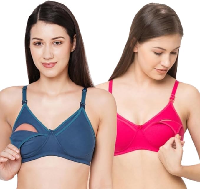 Cotton Maternity Nursing Bra Front Open Breastfeeding Bra for Women Soft Non Padded Postpartum Feeding Bra Adjustable Strap Comfort Wear - Pink/Blue-image-29