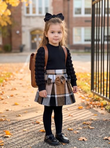 Image of Noubeau Toddler Girls Plaid Outfits Girls Puff Sleeve Knit Ribbed Shirt Tops Plaid Skirt Set Kids Fall Winter Clothes