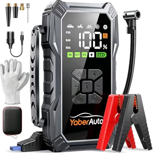YaberAuto 10-in-1 Jump Starter with Air Compressor 6000A 150PSI Car Battery Jump Starter (All Gas/10L Diesel) 12V Jump Box Car Battery Jumper Starter Portable Jumper Cables, 150W DC, Gloves, Lights