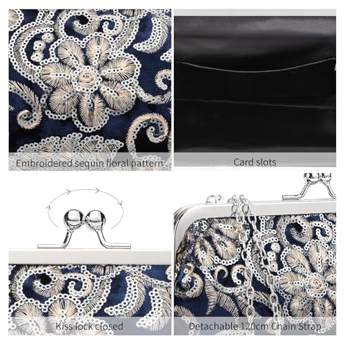 Image of RNIEGA Clutch Purse for Women Floral Embroidery Sequin Evening Bags Elegant Kiss Lock Wedding Party Cocktail