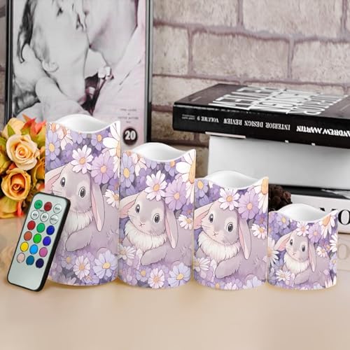 Image of Cute Bunny Puprle Daisy Flickering Flameless Candles with Remote LED Pillar Candles Battery Operated with Timer Color Changing Electric Candles Easter Decoration