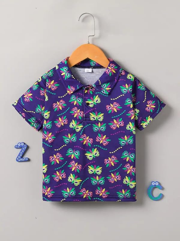 Image of Kids Easter Pattern Multi-Colored Printed Short Sleeve Button-Up Polo Shirt for Boy