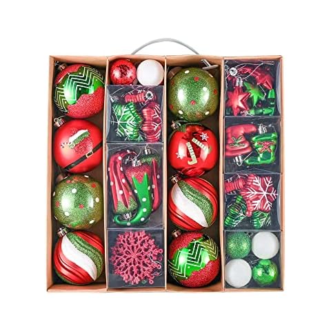 Valery Madelyn 60pcs 3-8cm Shatterproof Christmas Baubles, Delightful Elf Red Green and White Christmas Ball Ornaments for Christmas Tree Decorations Cover