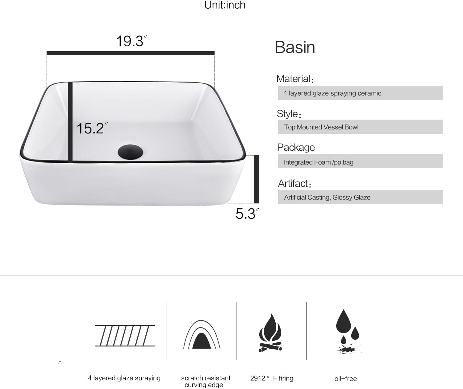 Ceramic Bathroom Sink, White 19" x 15" Above Counter Porcelain Vessel Sink with Black Faucet and Pop up drain Set, Rectangle