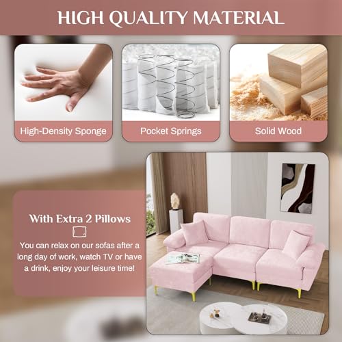 Image of OUYESSIR L Shaped Sectional Sofa Couch, 3 Seat Velvet Sofa with Ottoman and Pillows, Upholstered Comfy Couch Sleeper for Living Room, Bedroom, 91 inches (Pink)