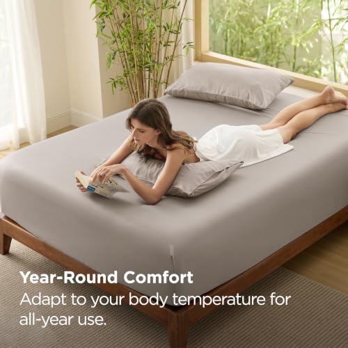 Image of Bedsure PureWoven Full Size Fitted Sheet, 100% Rayon Derived from Bamboo | Cooling Bottom Sheet for Hot Sleepers, Breathable & Soft, Deep Pocket Up to 18 inch, Secure Elastic Corner Straps, Simply Taupe
