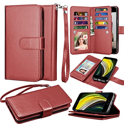 Takfox Wallet Case for iPhone SE 2020, for iPhone 7 / iPhone 8 Wallet Case, Women Men Leather Credit Card Slots Holder Folio Flip Cover [Kickstand] Detachable Magnetic Phone Case & Lanyard-Wine Red