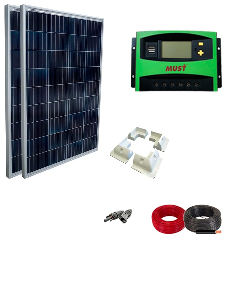 Kit Completo di Pannelli Solari Autoinstallanti Autosolar 200W per Roulotte: 2 Pannelli 100W Policristallino + Regolatore 30A + Struttura + Cablaggio. Sistema estensibile