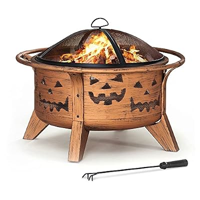 Sunjoy Fire Pit 30 in. Outdoor Wood-Burning Fire Pit, Patio Jack-o-Lantern Motif Round Steel Firepit Large Fire Pits for Outside with Spark Screen and Poker