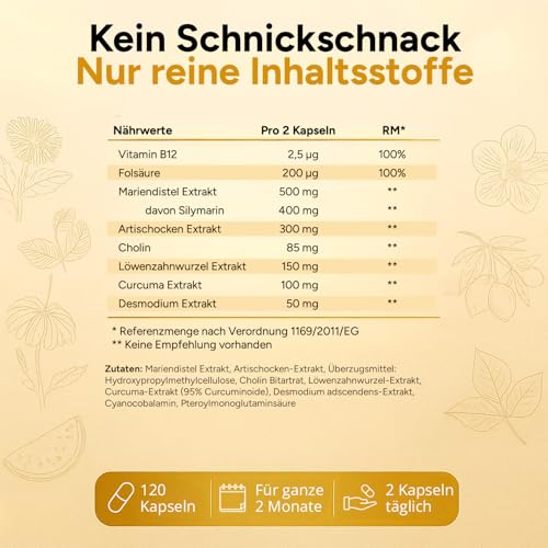 Leber Kur Mariendistel Kapseln hochdosiert - 80% Silymarin, Artischocke, Löwenzahn, Curcuma, Desmodium und Cholin für die Leber Testsieger - 8-Fach Komplex