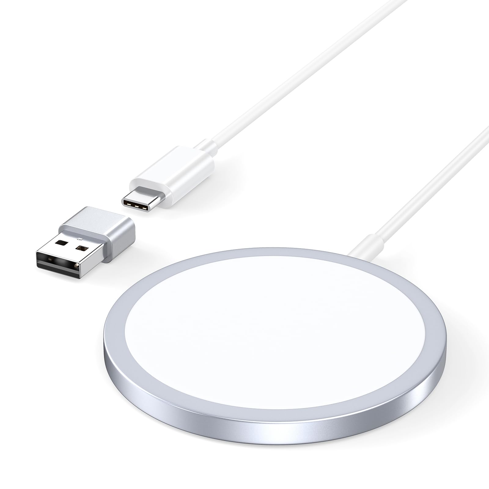 Magnetic Wireless Charger, Mag Safe Charger 15W Fast Charging for iPhone 17/16/15/14/13/12 Series and AirPods 4/3/2/Pro, Wireless Charging Pad with USB A/C Dual Ports (White, Adapter not included)