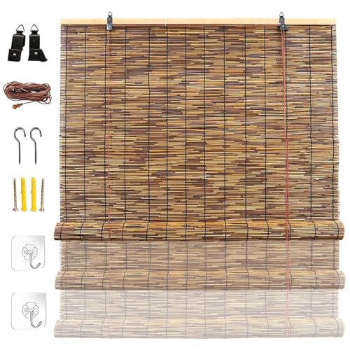 Rideau de Roseau Naturel à Enrouleur 50 60 80 90 100 120 140 cm, Store Bambou Exterieur, Canisse Brise Vue pour Fenêtre Terrasse Jardin, Protection Solaire...