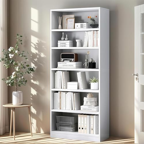 LEDIN 6-Tier Open Bookcase and Bookshelf Freestanding Display Storage Shelves Tall Bookcase for Bedroom Living Room and Office (White)