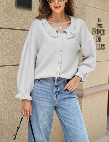 Womens Ruffle Cuff Cardigan Button Up Ribbed Floral Collar Open Front Long Sleeve Loose Knitwear Sweater4