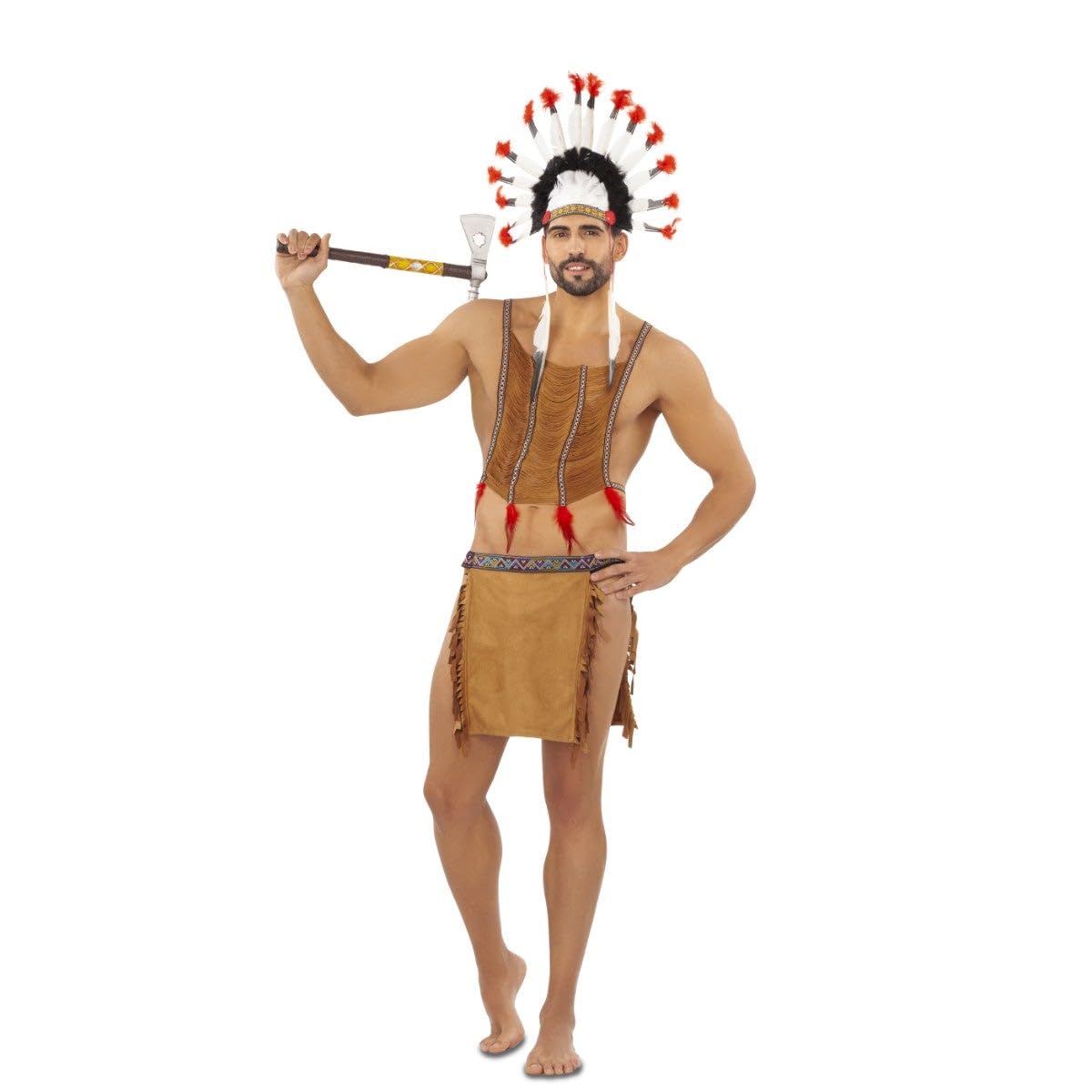 My Other Me - Indian costume for men. Includes headdress with red and white feathers, chest with details and feathers and brown skirt with fringes. Transform your look!