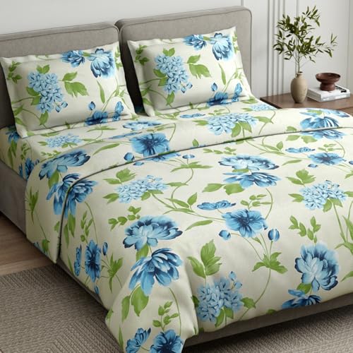 Image of haus & kinder Bed Sheet Double Bed 144 TC Pure Cotton Bedsheet for Double Bed Queen Size 100% Cotton Bedsheet Bedding Set - 1 Bedsheet and 2 Pillow Cover Golden Bloom Trellis