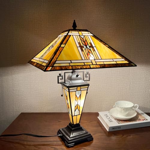 Tiffany Table Lamps with Nightlight,16" Wide Handmade Stained Glass Desk Lamp for Reading,3-Lights Mission Style Antique Nightstand Light for Living Room Bedroom Office - Image 3