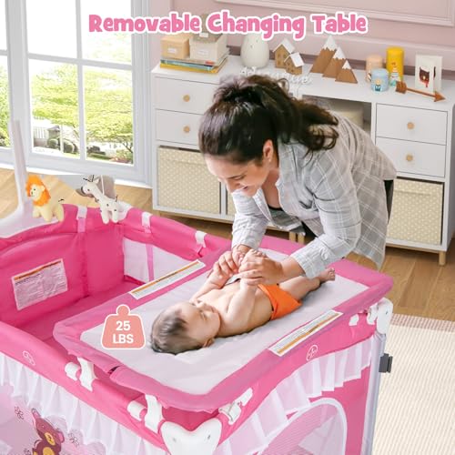 Image of BABY JOY 4 in 1 Pack and Play with Canopy, Portable Baby Playard with Bassinet, Double-Layer Baby Crib, Wheels & Brake, Foldable Baby Girl Pink Princess Bassinet from Newborn to Toddler