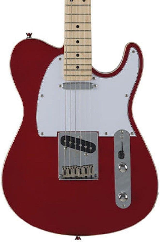 Close frontal do corpo da guitarra elétrica Telecaster Classic Tagima T-550, mostrando escudo branco, três controles metálicos e captadores sob corpo vermelho.