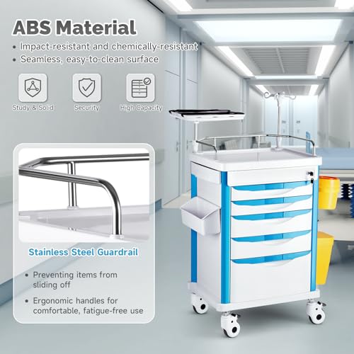 Image of Crash Cart Medical ABS Material, Medical Cart with Drawers, Adjustable IV Pole, Silent Casters, Trash Bins, O2 Holder, Needle Disposal Holder, CPR Board, Nursing Cart for Hospital Clinic