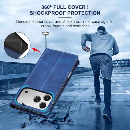Image of Jasonyu Flip Wallet Case for iPhone 17 Pro,Leather Magnetic Folio Cover with Card Holder,Kickstand - TPU Shockproof Durable Protective Phone Case,Blue