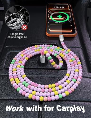 Image of USB C to USB C Cable 6FT,60W Beaded Charger Cord Fast Charging for iPhone 17 16 15 Pro Max /iPad Pro Air 11th for Samsung S26 S25 S24 Ultra S23 A16 /Android Phone Charger Cord Cute Girl Women,Pink-Green
