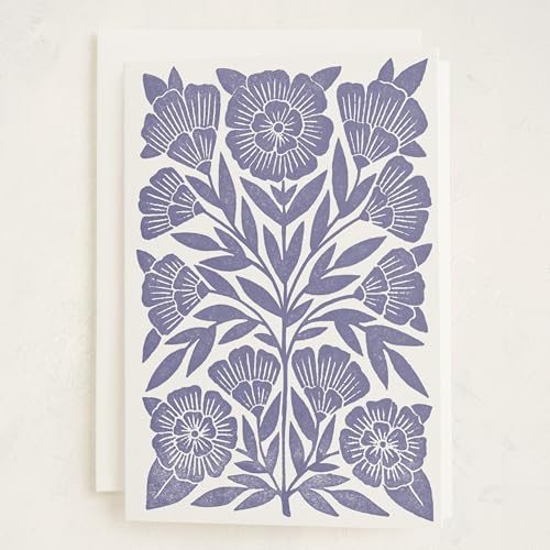 MINTED Block Print Floral Blank Card for Any Occasion, Botanical Linocut Illustration Note Card, Premium 5x7 Blank Greeting with Envelope, Classic Blue Flower Design for Thank You Sympathy Thinking of You