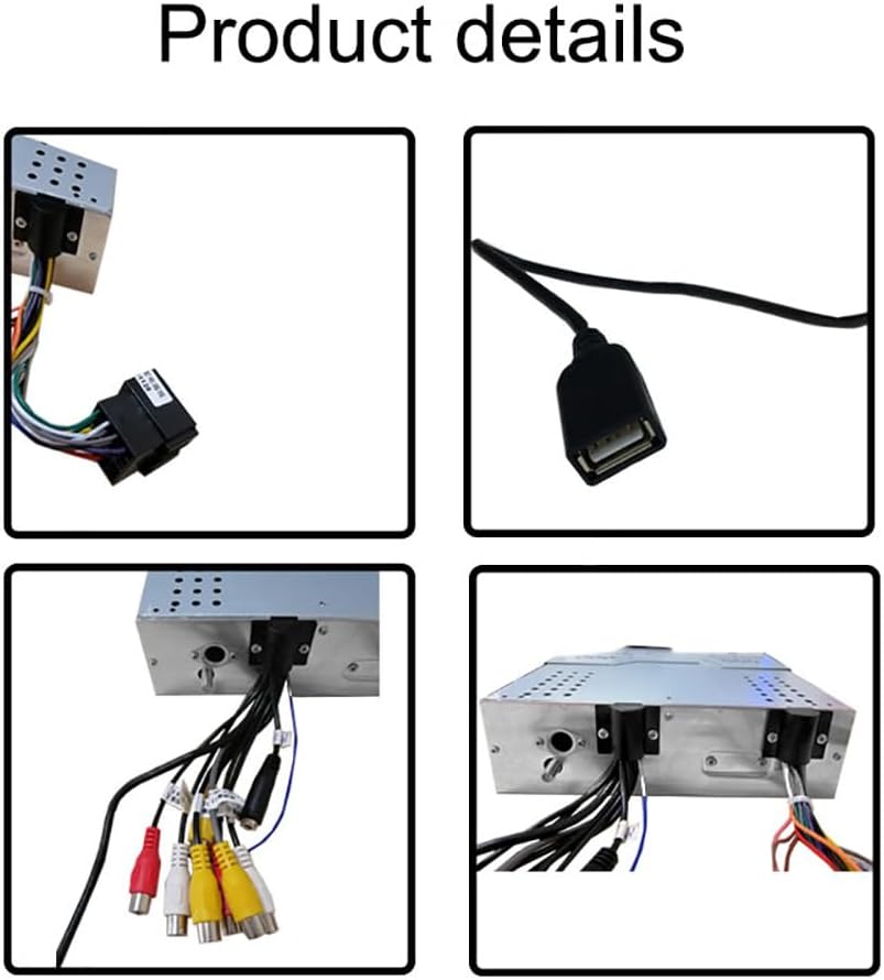 Detailed view of the car stereo's rear connections, including power, speaker, and auxiliary inputs/outputs.