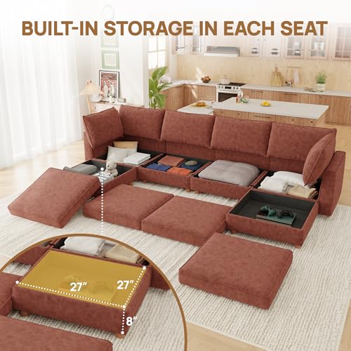 Image of 128 inch Modular Sectional Sleeper Sofa Bed with Storage & Washable Covers, 8-Seater Chenille Modular Sofa Bed with Movable Ottoman Chaise, Convertible Sleeper Sectional Couches for Living Room, Orange