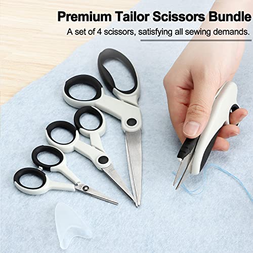 Premium Tailor Sewing Scissors Bundle, 8.1" Heavy Duty Sharp Fabric Scissors, 5.1"/4" Detail Embroidery Scissors, 5" Thread Snips With Comfort Grip, Grayish White #TOP6