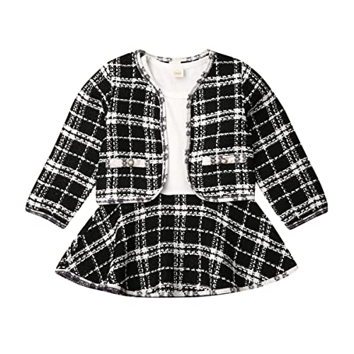 LXXIASHI 2PCS Infant Baby Girl Long Sleeve Cardigan + Long Sleeve Patchwork Dress Plaid Clothes Set (Black White, 6-12M)