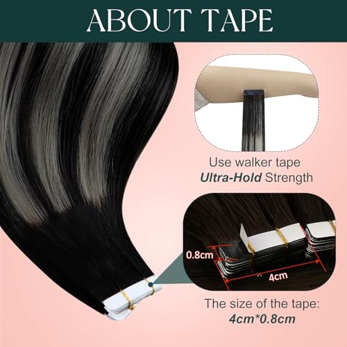 Image of Easyouth Ombre Tape in Extensions Human Hair 20Inch Tape ins Human Hair Extensions Black Ombre Silver with Black Balayage Tape in Hair Extension Easy Installation 20pcs 50g Remy Hair Tape in Extension