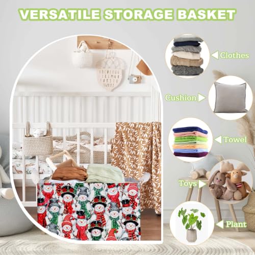 Image of Christmas Red Green Snowman Storage Baskets, Empty Christmas Gift Baskets, Holiday Home Decor, Large Square Waterproof Canvas Laundry Hamper With PE Coating, Foldable Toy & Clothes Bins for Bedroom