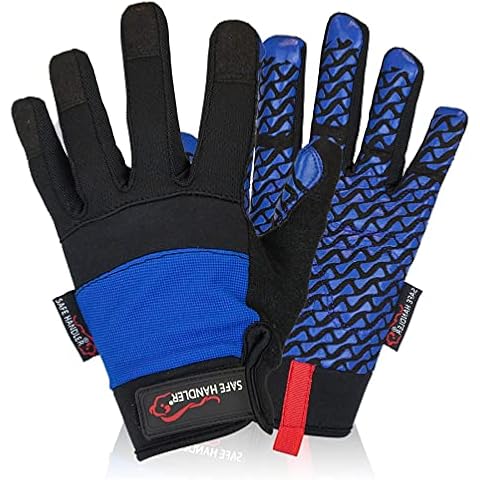 SAFE HANDLER Super Grip Gloves | Textured Grip Palm, Non-Slip Texture, Hook & Loop Wrist Strap, BLACK/BLUE, S/M, 1 pair (2 gloves) Cover